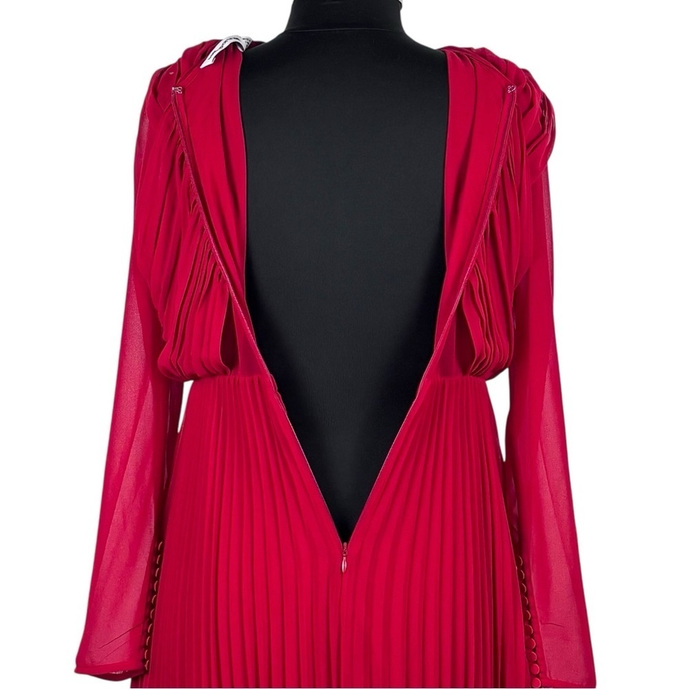 SELF PORTRAIT DARK RED CROSS FRONT LONG SLEEVE PLEATED SKIRT LACE MIDI DRESS - Picture 11 of 15